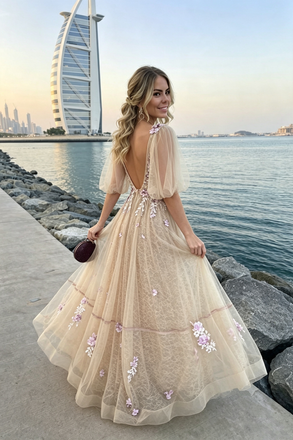 Fancy V-Neck Bishop Sleeve A-Line Floor-Length Tulle Prom Dress with Floral Embroidery,OLP2351