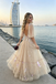 Fancy V-Neck Bishop Sleeve A-Line Floor-Length Tulle Prom Dress with Floral Embroidery,OLP2351