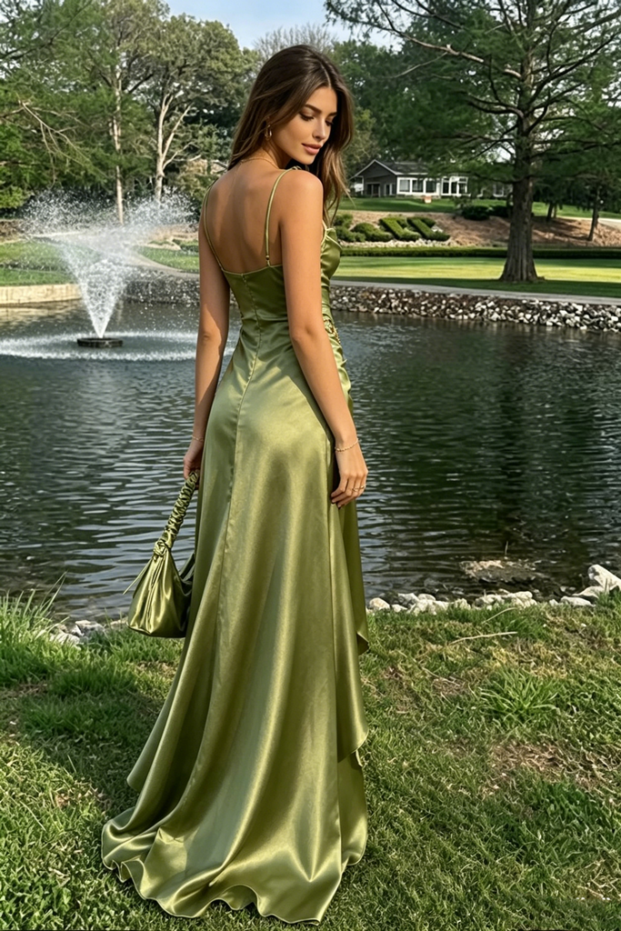 Elegant Olive Satin Cowl Neck Spaghetti Strap High Low Prom Dress，OLP2282