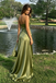 Elegant Olive Satin Cowl Neck Spaghetti Strap High Low Prom Dress，OLP2282