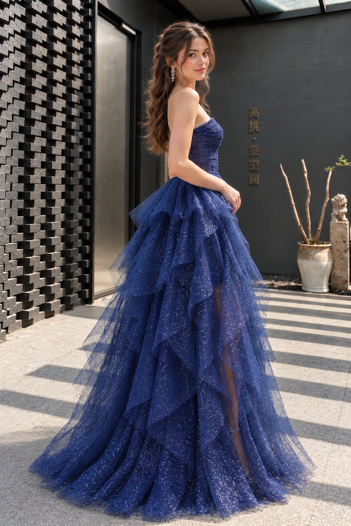 Gorgeous Navy Blue Strapless Layered Tulle Long Prom Dress,OLP2503