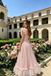 Beautiful Sparkly Pink Lace A-Line Ruffled Sleeves Long Prom Dress,OLP2211