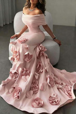 Unique Pink Floral Off-Shoulder Mermaid Sleeveless Long Prom Dress Ideas, Evening Party Dresses, OLP1327