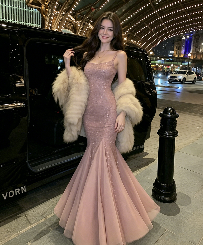 Stunning Pink Beaded Mermaid Prom Dress Modern Scoop Neck Floor Length Gown,OLP2285