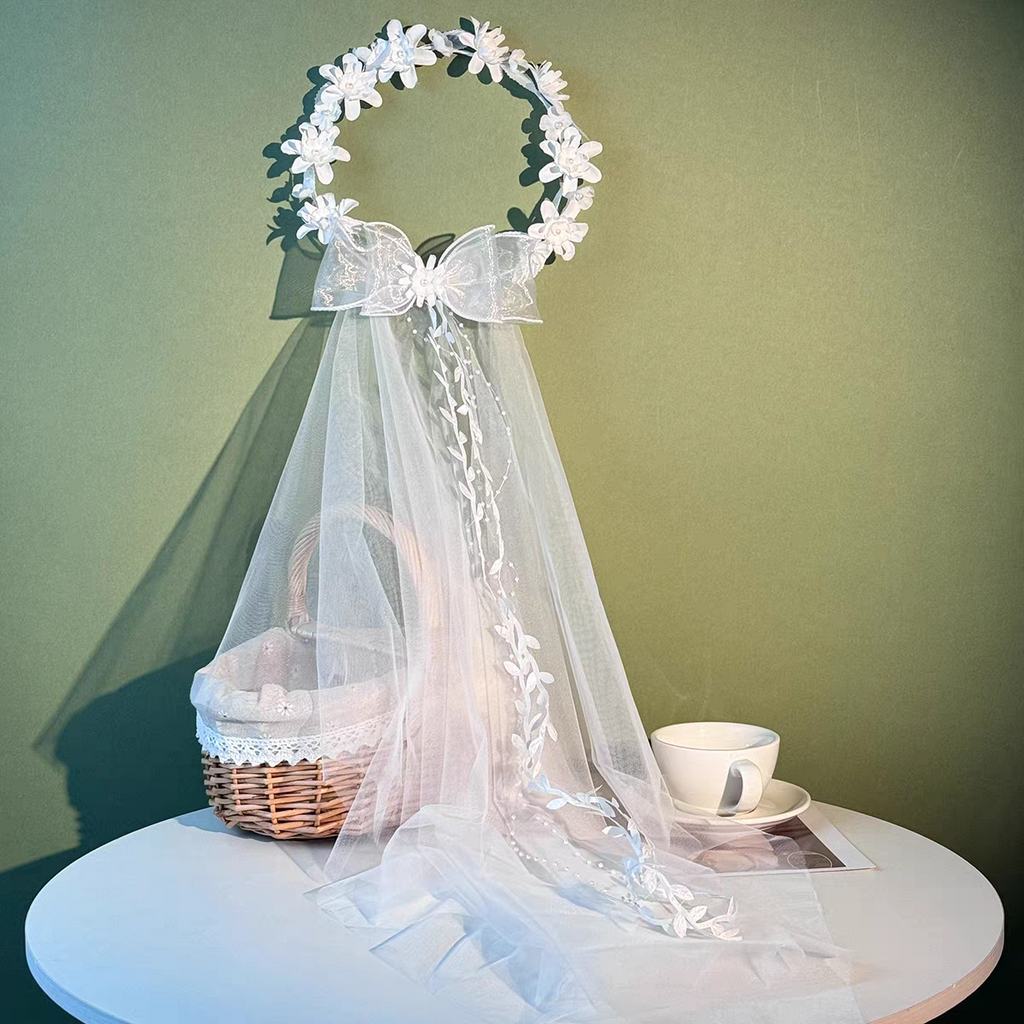 Flower Girl Bow Veil with Floral Crown – Soft Tulle Kids Wedding Headpiece