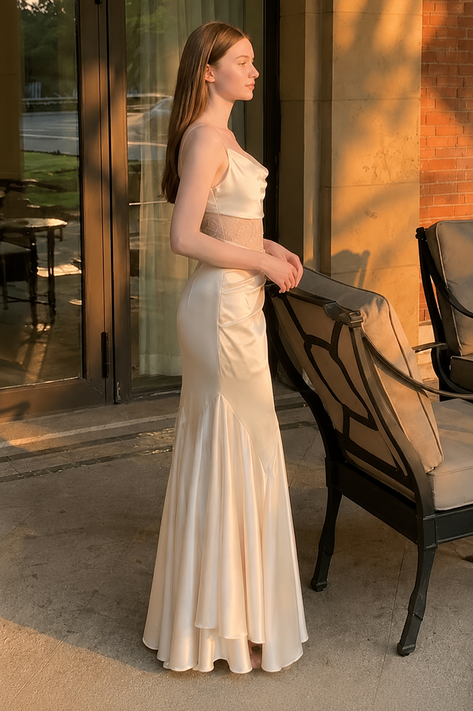 Modern Champagne Satin Mermaid Prom Dress Cowl Neck Beaded Waist Elegant Gown,OLP2320