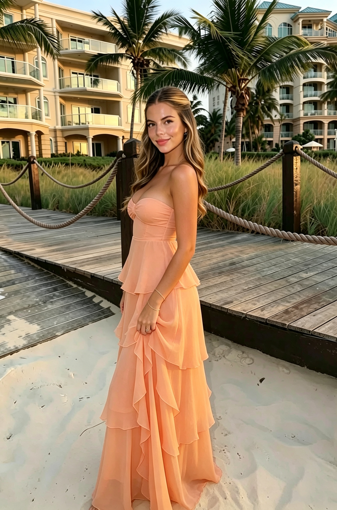 Modern Peach Pink Strapless Tiered Chiffon Long Prom Dress for Party,OLP2330