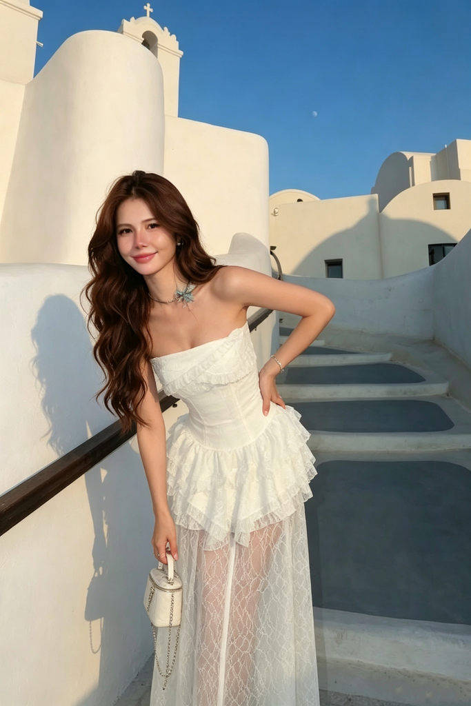 Modern Ivory Lace Corset Gown Beautiful Strapless Tiered Ruffled Prom Dress,OLP2334