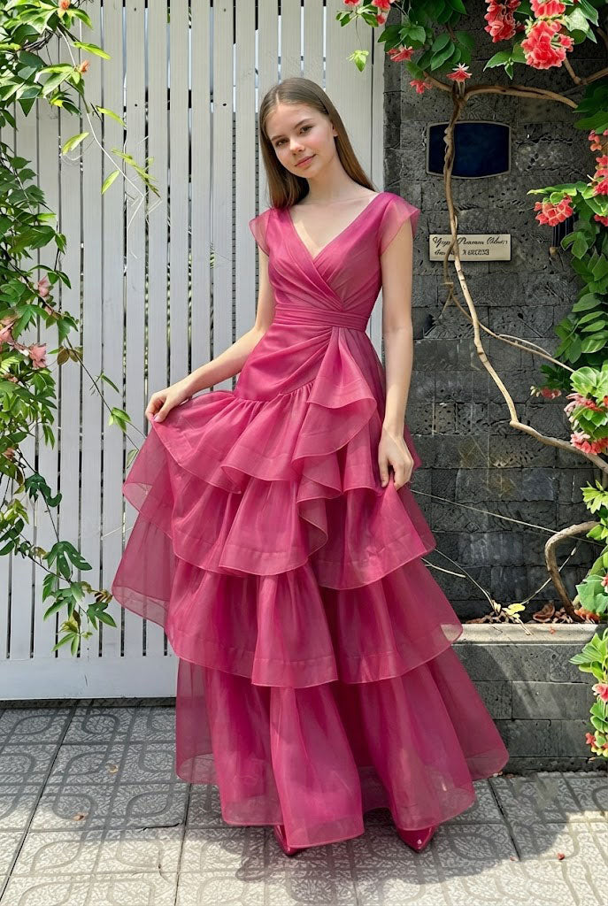 Stunning V-Neck Cap Sleeve Tiered Organza Long Evening Gown Pleated Prom Dress,OLP2345
