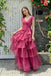 Stunning V-Neck Cap Sleeve Tiered Organza Long Evening Gown Pleated Prom Dress,OLP2345