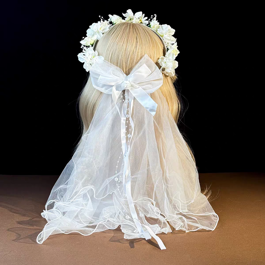 Flower Girl Bow Veil with Floral Crown – Soft Tulle Kids Wedding Headpiece