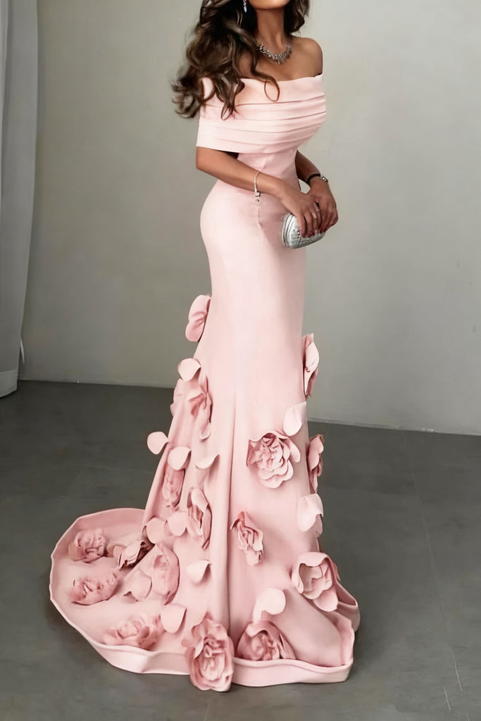 Unique Pink Floral Off-Shoulder Mermaid Sleeveless Long Prom Dress Ideas, Evening Party Dresses, OLP1327