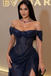 Sexy Navy Off-Shoulder Glitter Mermaid Prom Dress High Slit,OLP2463