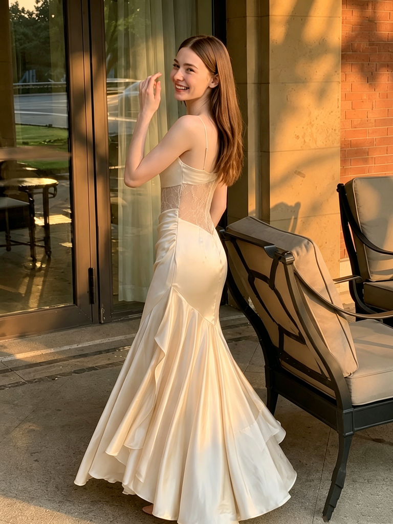 Modern Champagne Satin Mermaid Prom Dress Cowl Neck Beaded Waist Elegant Gown,OLP2320