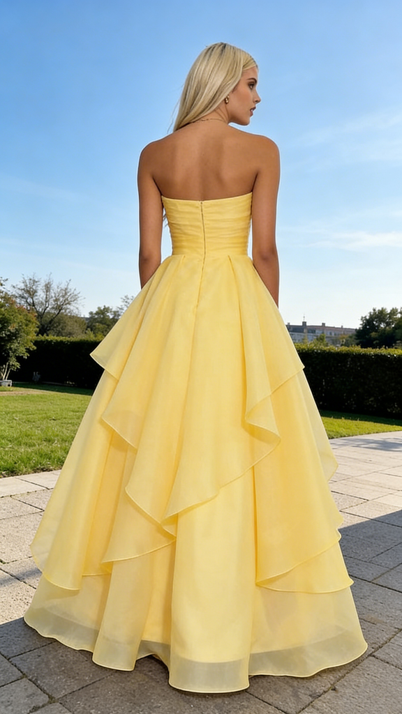 Elegant Strapless Yellow Chiffon Prom Dress Ruffle Layers High Slit Gown,OLP1776