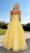 Elegant Strapless Yellow Chiffon Prom Dress Ruffle Layers High Slit Gown,OLP1776