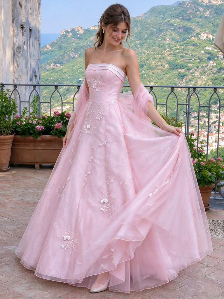 Stunning Pink Strapless Floral Embroidered Prom Dress A-Line Long Tulle Gown,OLP2444