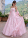 Stunning Pink Strapless Floral Embroidered Prom Dress A-Line Long Tulle Gown,OLP2444