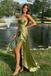 Elegant Olive Satin Cowl Neck Spaghetti Strap High Low Prom Dress，OLP2282