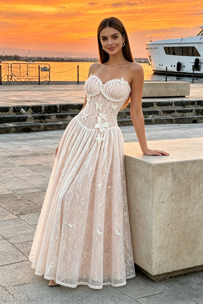 Beautiful Lace Prom Dress with Butterflies Romantic Sweetheart A Line Gown,OLP2230
