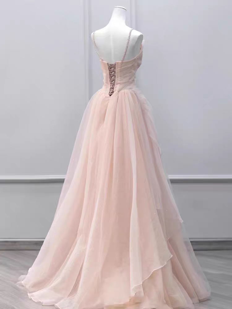 Elegant Pink Spaghetti Strap A-Line Long Prom Dress Ideas, Evening Party Dresses, OLP1443