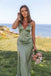 Stunning Sage Green Satin Maxi Prom Dress V-Neck Draped Waist Thigh Slit,OLP2381