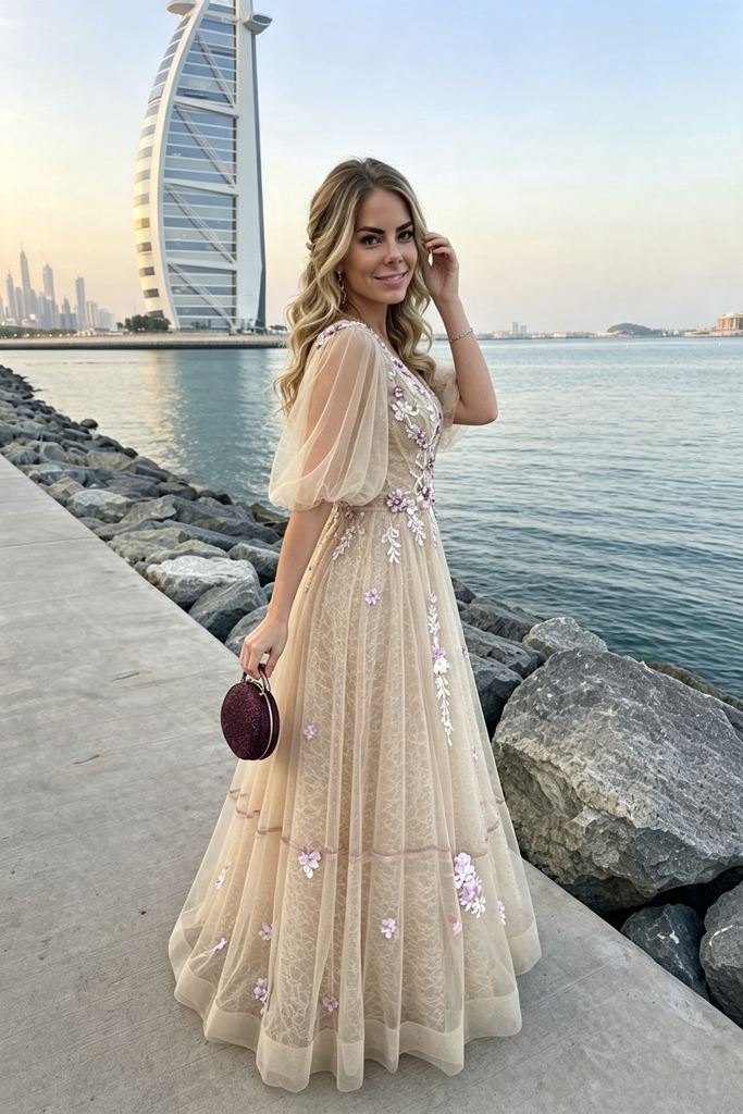 Fancy V-Neck Bishop Sleeve A-Line Floor-Length Tulle Prom Dress with Floral Embroidery,OLP2351