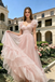 Beautiful Sparkly Pink Lace A-Line Ruffled Sleeves Long Prom Dress,OLP2211