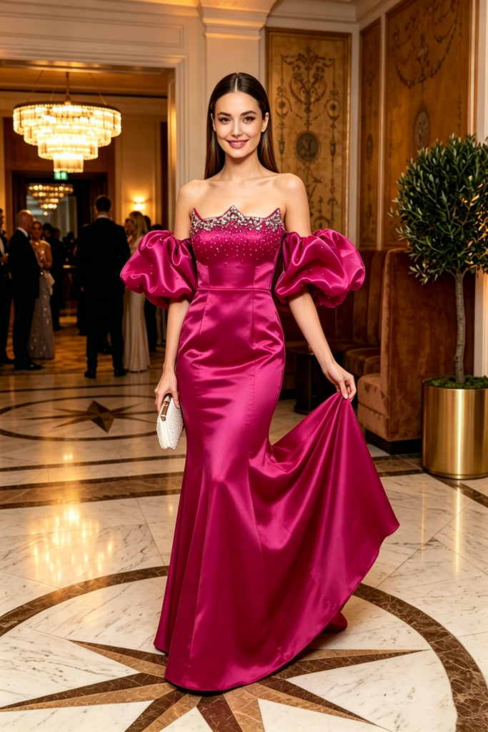 Modern Hot Pink Beaded Off-the-Shoulder Satin Mermaid Prom Dress,OLP2266