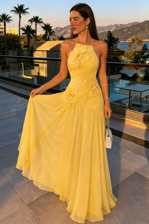 Unique Yellow 3D Floral Halter Prom Dress Pleated Chiffon A-Line Maxi Gown,OLP2014