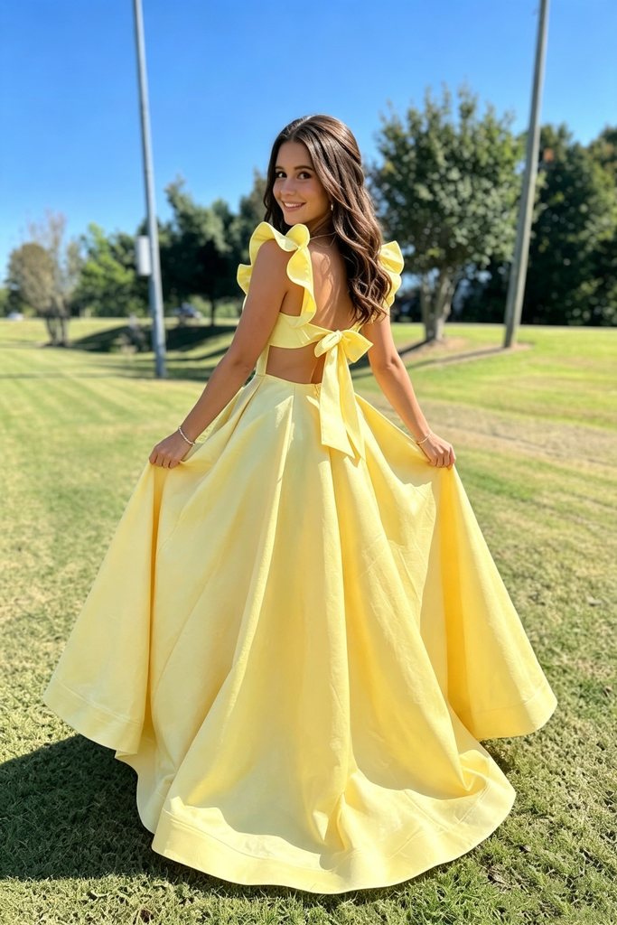 Pretty Yellow Square Neck Ruffle Sleeves Long Prom Dress,Evening Party Dress,OLP2359