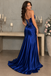 Sexy Royal Blue Satin Corset Prom Dress Strapless High Slit Evening Gown,OLP2455