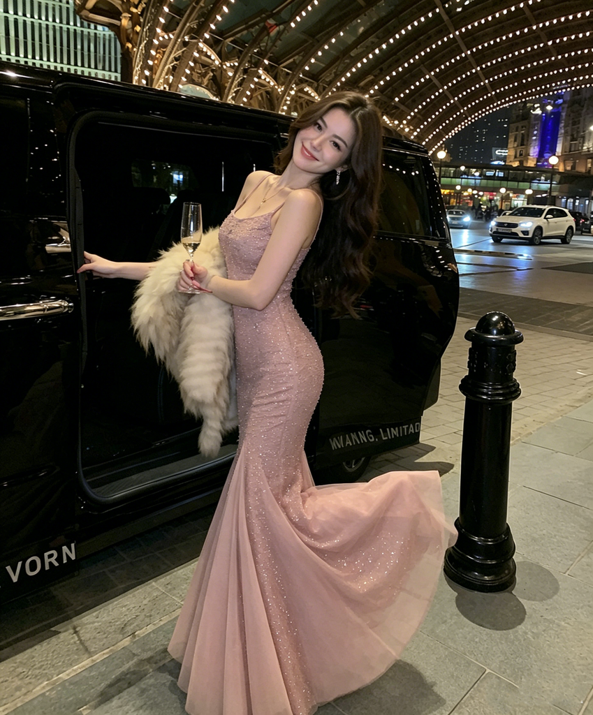 Stunning Pink Beaded Mermaid Prom Dress Modern Scoop Neck Floor Length Gown,OLP2285