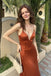 Sexy V Neck Spaghetti Strap Ruched Mermaid Prom Dress Rust Satin,OLP2326