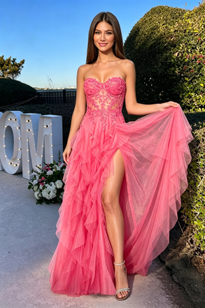 Hot Pink Prom Dress Sweetheart Corset Lace Tulle Tiered Ruffle Slit Floor Length,OLP2247