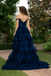 Unique Navy Tiered Prom Dress Off-Shoulder Lace Applique High Slit Gown,OLP2024