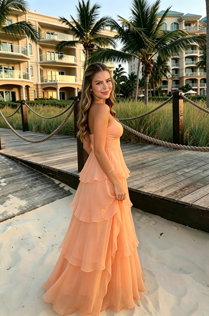 Modern Peach Pink Strapless Tiered Chiffon Long Prom Dress for Party,OLP2330