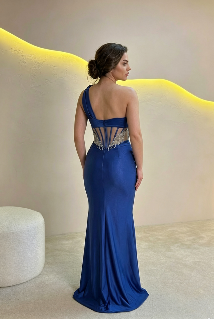 Modern Royal Blue Satin Mermaid Gown Unique Corset Bodice Prom Dress,OLP2332
