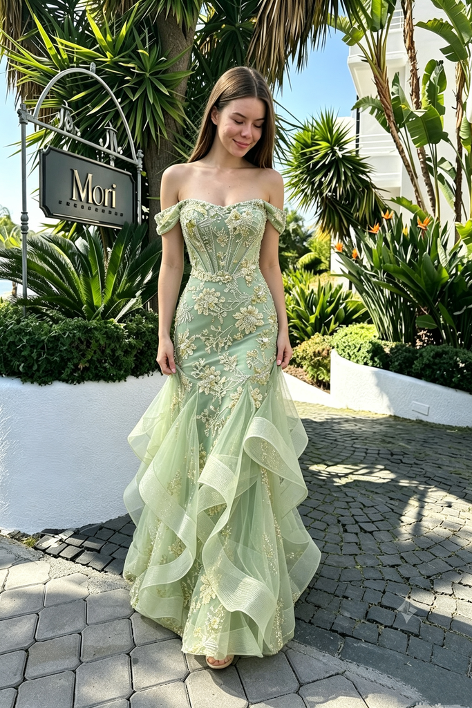 Pretty Mint Green Off Shoulder Sleeveless Floor-Length Tulle Embroidered Prom Dress,OLP2348