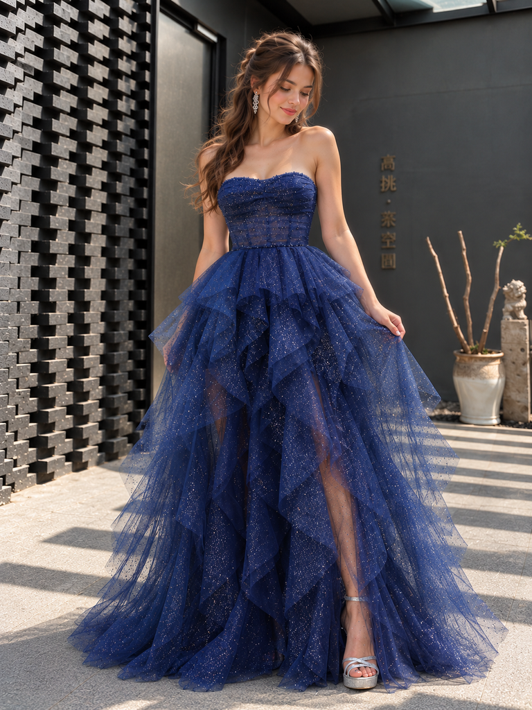 Gorgeous Navy Blue Strapless Layered Tulle Long Prom Dress,OLP2503