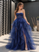 Gorgeous Navy Blue Strapless Layered Tulle Long Prom Dress,OLP2503