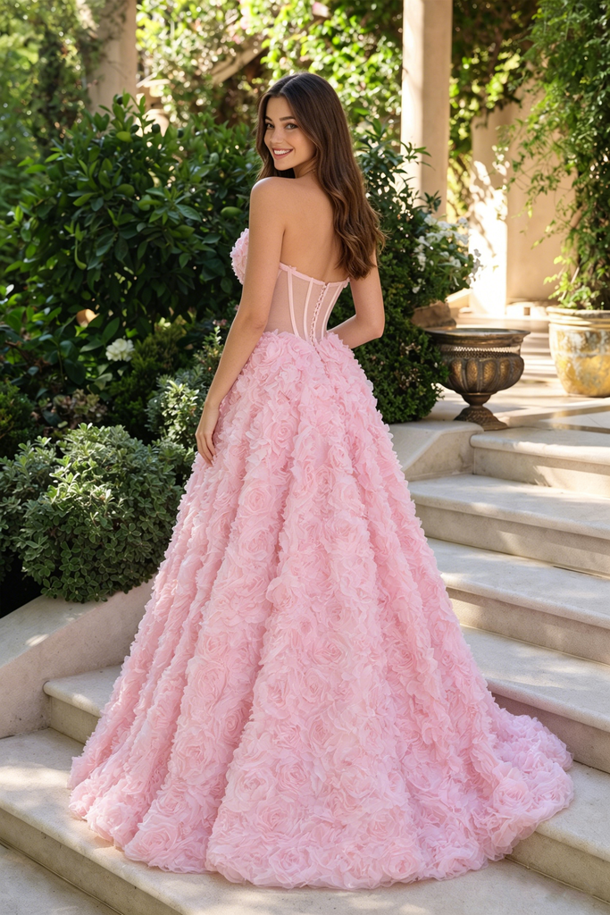 Pink 3D Floral Rose Sweetheart Corset A Line Long Prom Dress Ball Gown Unique,OLP2241