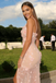 Sexy Pink 3D Floral Lace Prom Dress High Slit Sheer Tulle Evening Gown,OLP2080