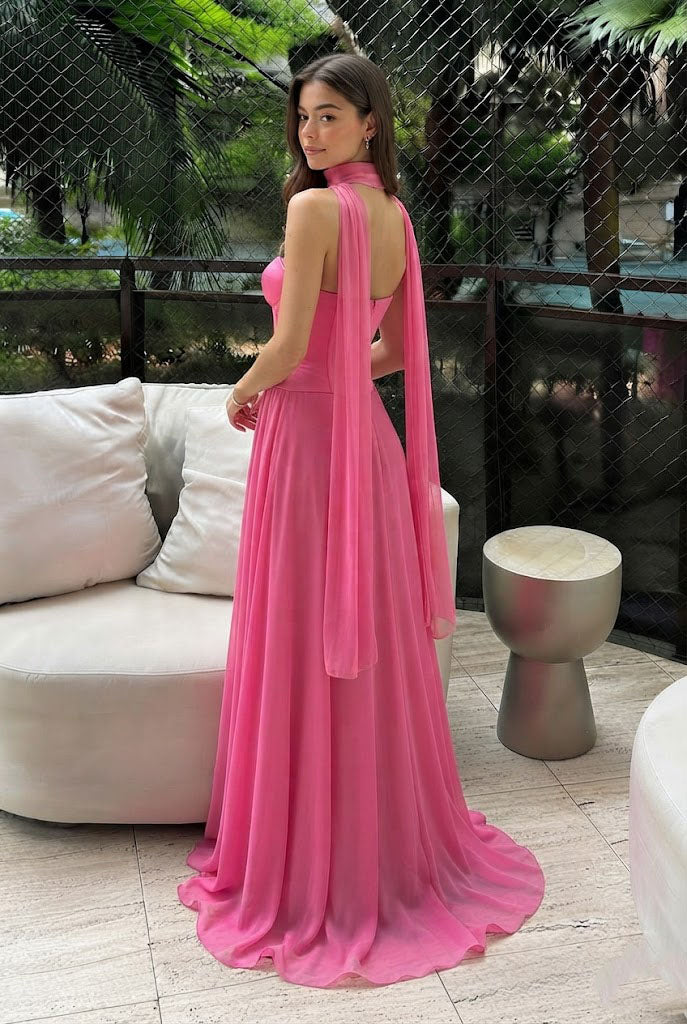 Modern Hot Pink Corset Prom Dress Strapless Sweetheart Long Chiffon Gown,OLP2386