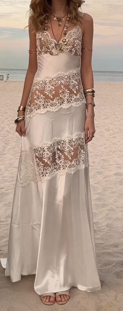 Elegant White Lace Satin Slip Prom Dress Sexy V-Neck Spaghetti Strap Gown,OLP1857