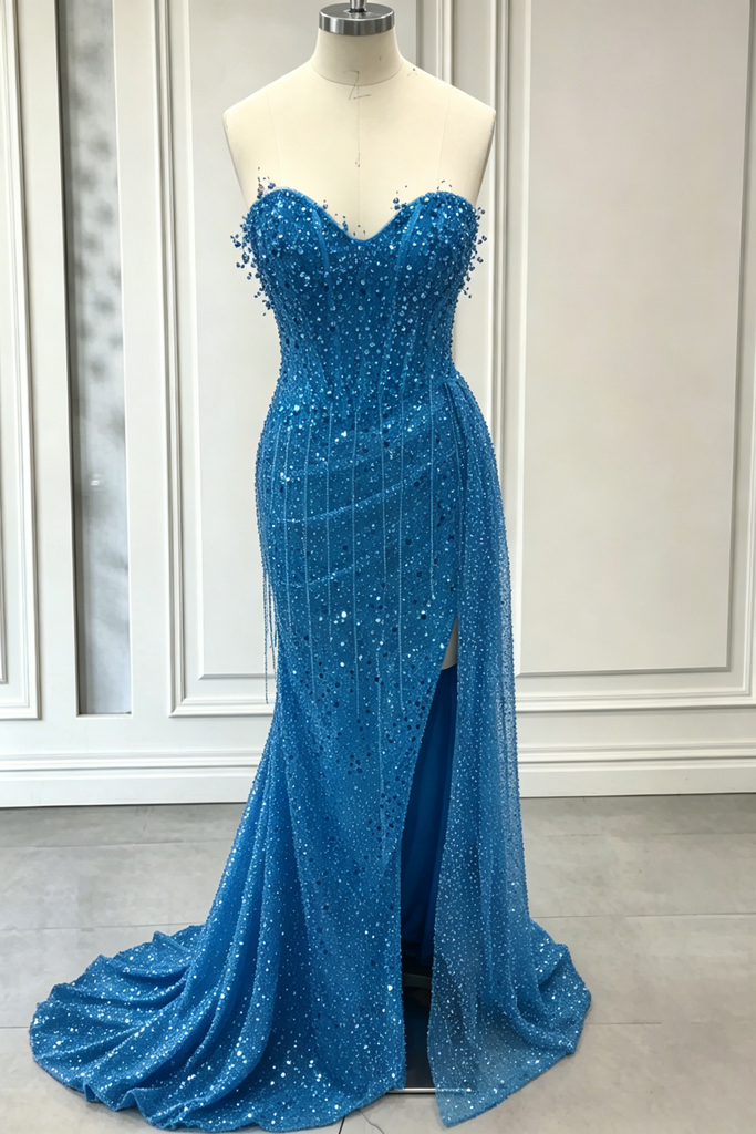 Sexy Red Sequin Mermaid Prom Dress Strapless High Slit Floor Length Evening Gown,OLP2277