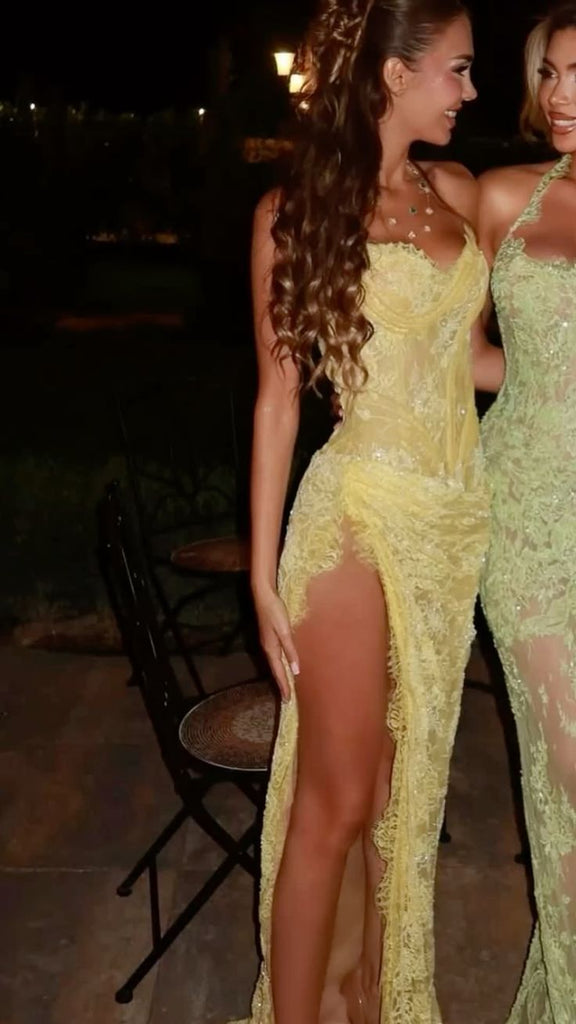 Sexy Yellow Spaghetti Strap Mermaid Side Slit Long Prom Dress Ideas, Evening Party Dresses, OLP1248