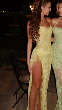 Sexy Yellow Spaghetti Strap Mermaid Side Slit Long Prom Dress Ideas, Evening Party Dresses, OLP1248