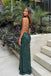 Sexy V-Neck Sequin Leaf Pattern Mermaid Prom Dress in Dark Green,OLP2342