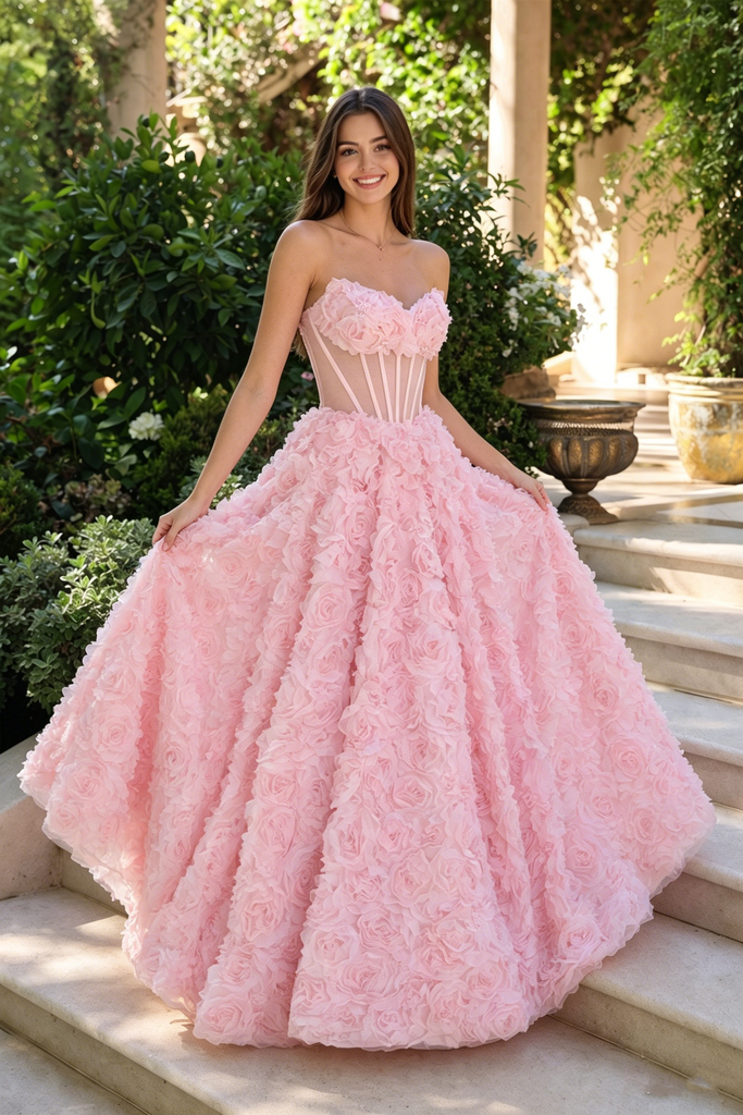 Pink 3D Floral Rose Sweetheart Corset A Line Long Prom Dress Ball Gown Unique,OLP2241